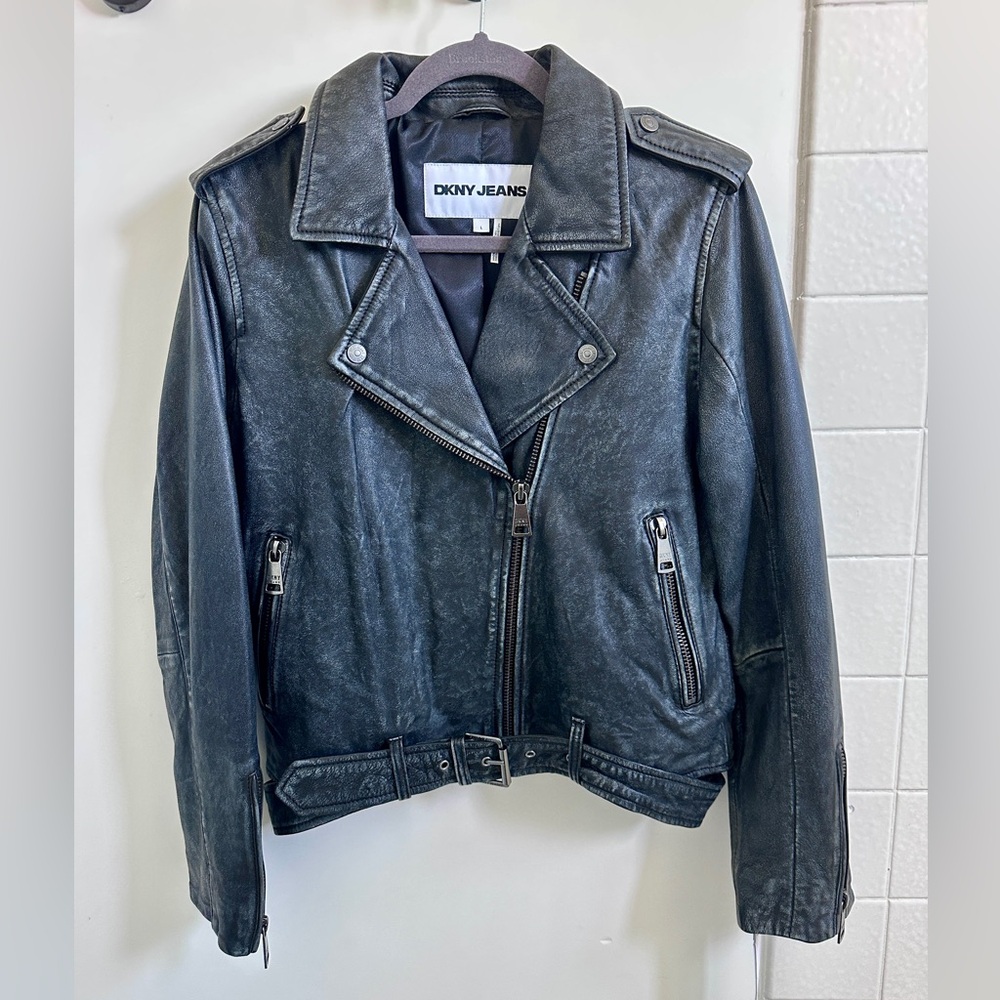 DKNY Jeans Charcoal Leather Moto Jacket - Picture 7 of 16